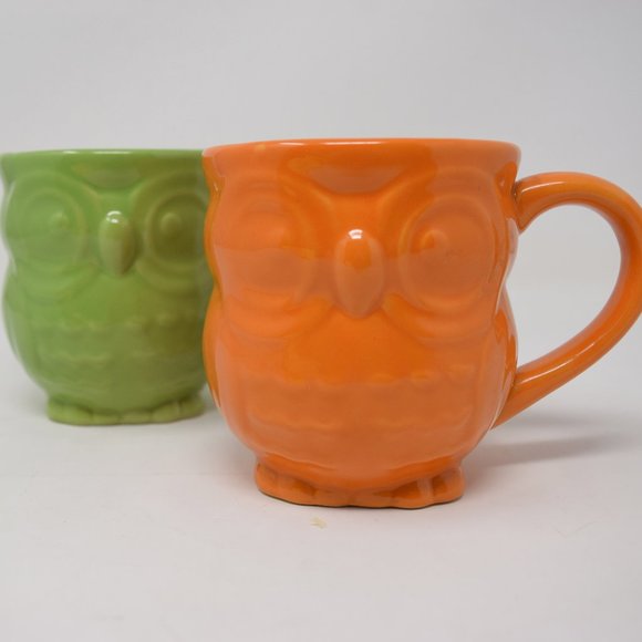 2 Owl Mugs Ceramic Orange Green 12 oz 3D Shaped Retro Boho - Picture 1 of 11